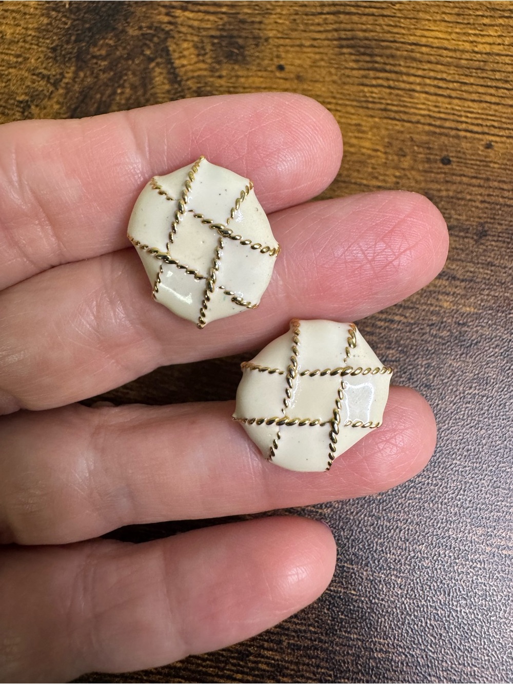 4/$20 Cream Enamel and Gold Woven-Detail Stud Earrings
